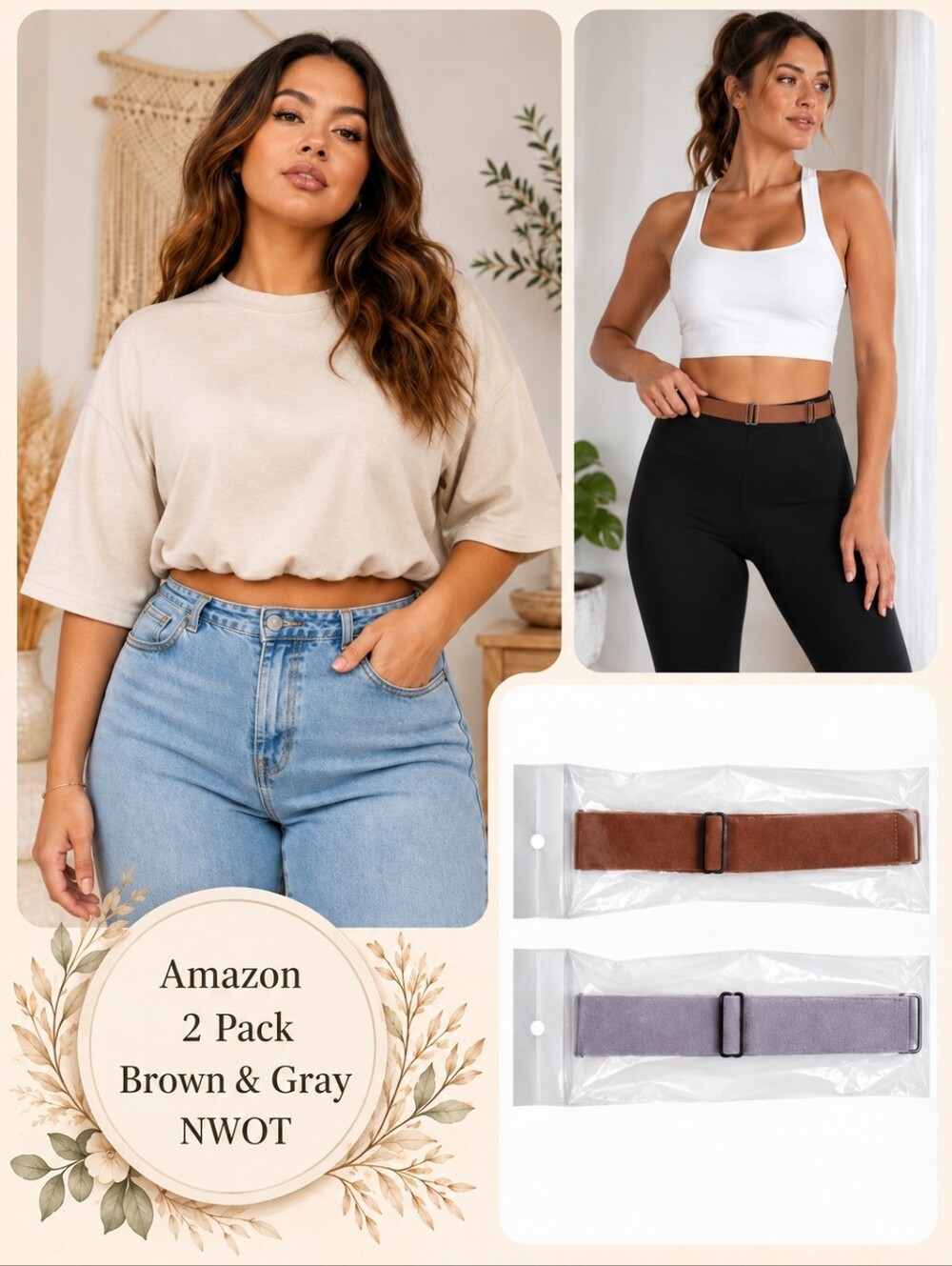 2-Pack Adjustable No-Show Crop Top Belts Brown & Gray NWOT